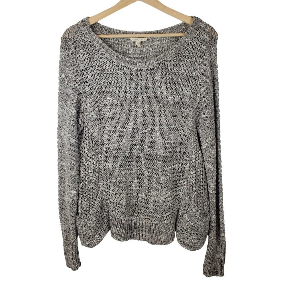 Eileen Fisher Open Knit Sweater Small Pockets Wide Neck Gray‎ White Cotton Blend